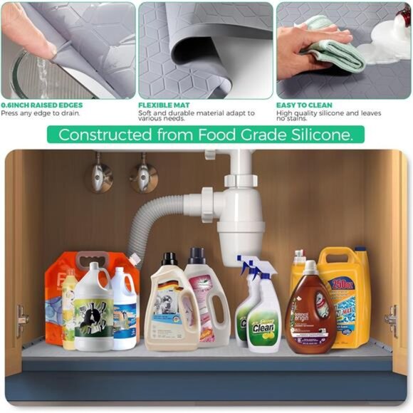 TRZZ Silicone Waterproof Under Sink Mat 34" x 22", Drip Tray and Cabinet Liner - Picture 3 of 7